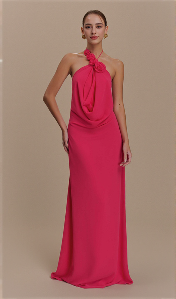 FLORAL HALTERNECK HIGH COLLAR MAXI DRESS ROSE PINK