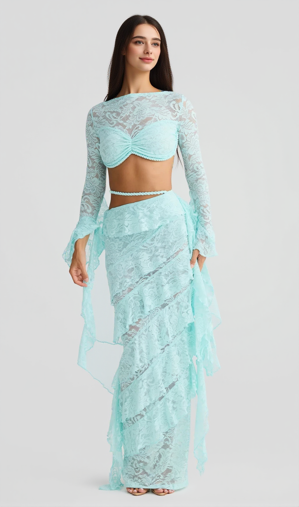 CRAFTED ROPE CROP TOP LACE SKIRT SET IN PALE BLUE