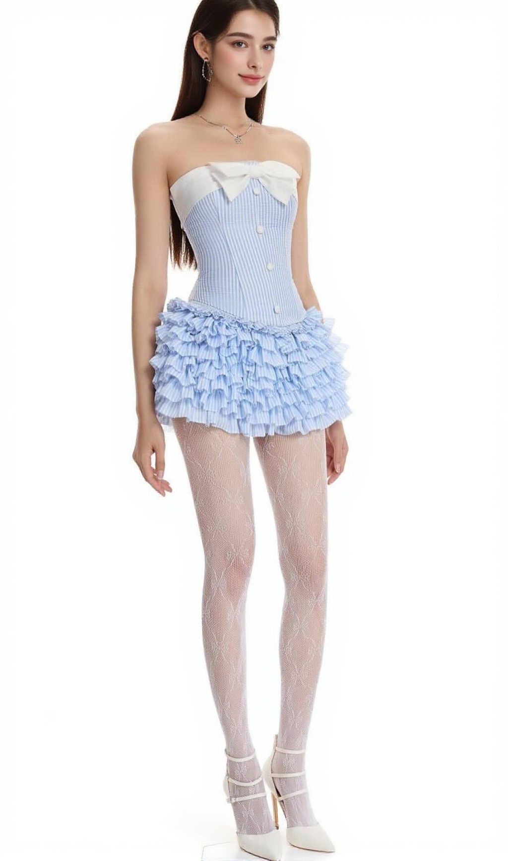 Gestreiftes Bustier-Top-Rock-Set in Blau