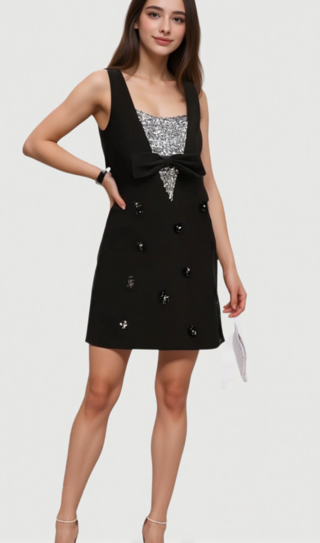 Aviva – Schwarzes Minikleid mit 3D-Blütenblatt-Pailletten