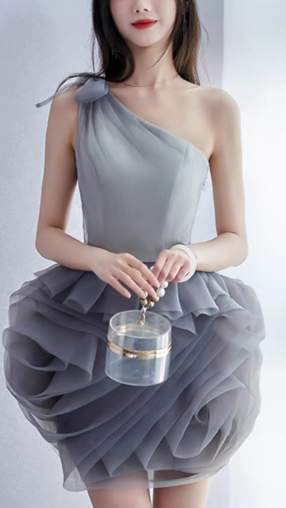 ONE SHOULDER MESH MINI DRESS IN GREY