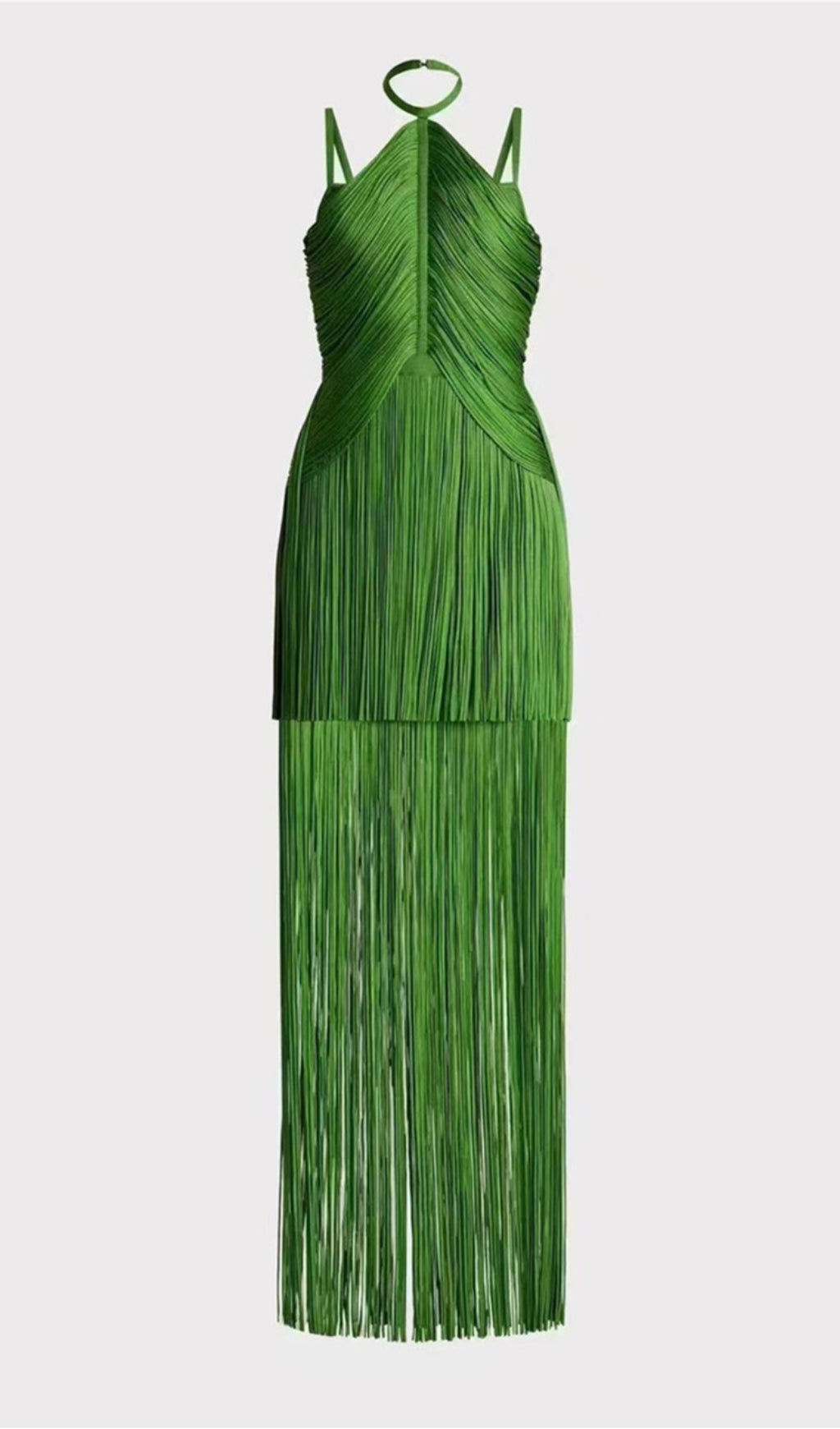 GREEN HALTER MAXI DRESS WITH FRINGE HEM EVENING DANCE DRESS