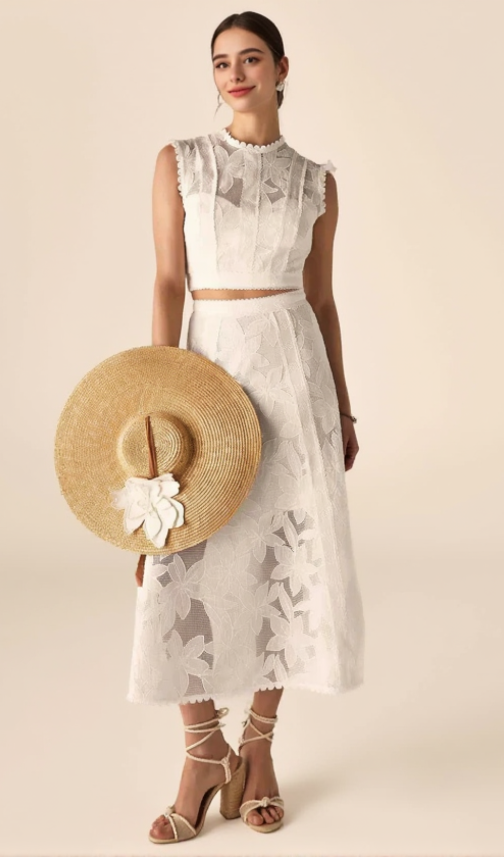 GUIPURE MESH MIDI SKIRT CROP TOP SET IN WHITE