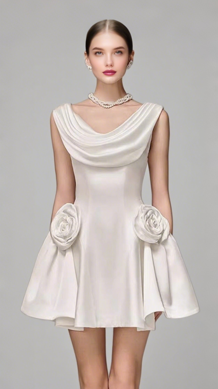 3D FLOWER PLEATED SLEEVELESS MINI DRESS