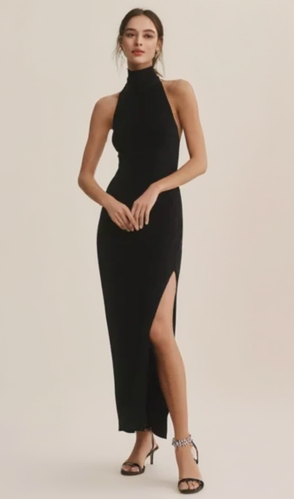 OPEN-BACK STRETCH-JERSEY HALTERNECK MAXI DRESS IN BLACK
