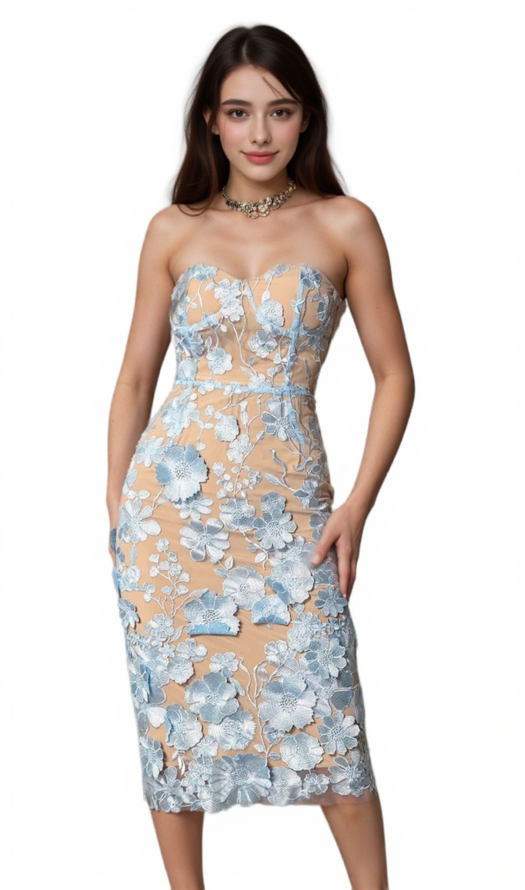 bblythe – Avital – Trägerloses Midikleid mit blauen Blumen