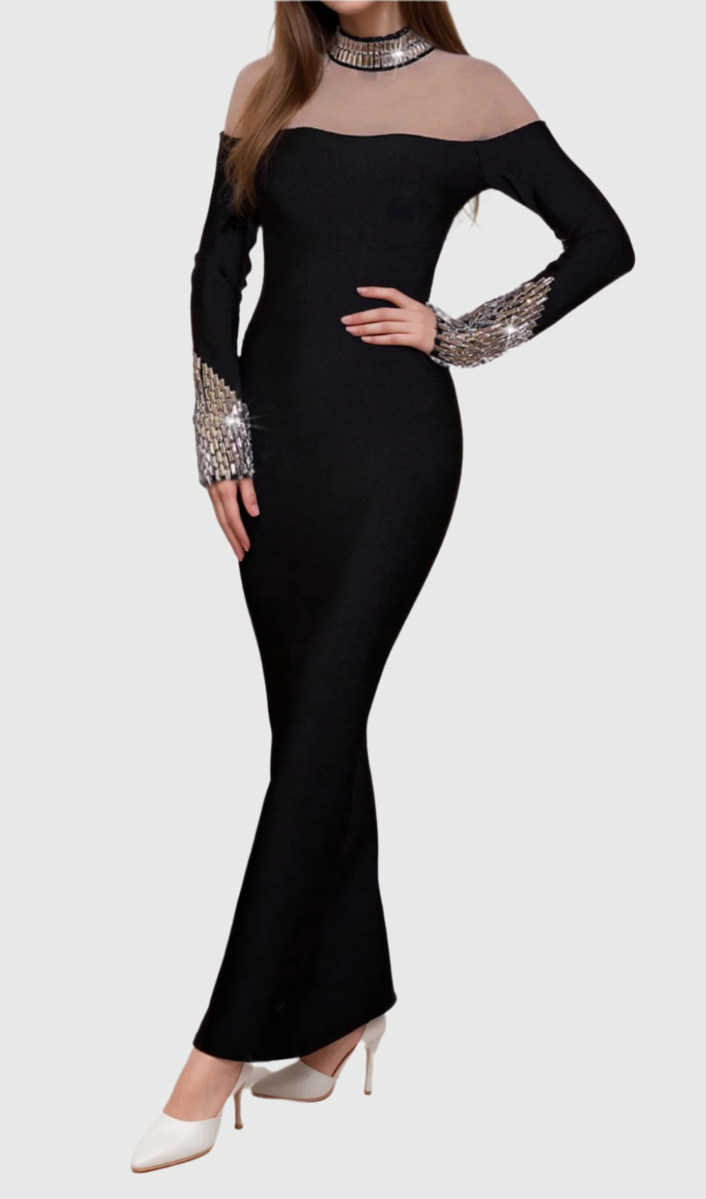 ALEXANDRA LONG SLEEVE RHINESTONE BANDAGE MAXI DRESS IN BLACK