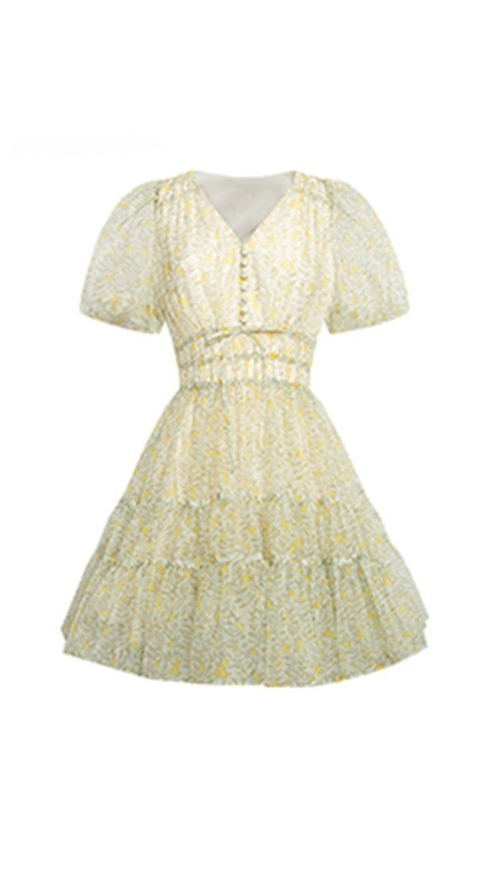 PRINTED V-NECK TUTU MINI DRESS IN DAISY YELLOW