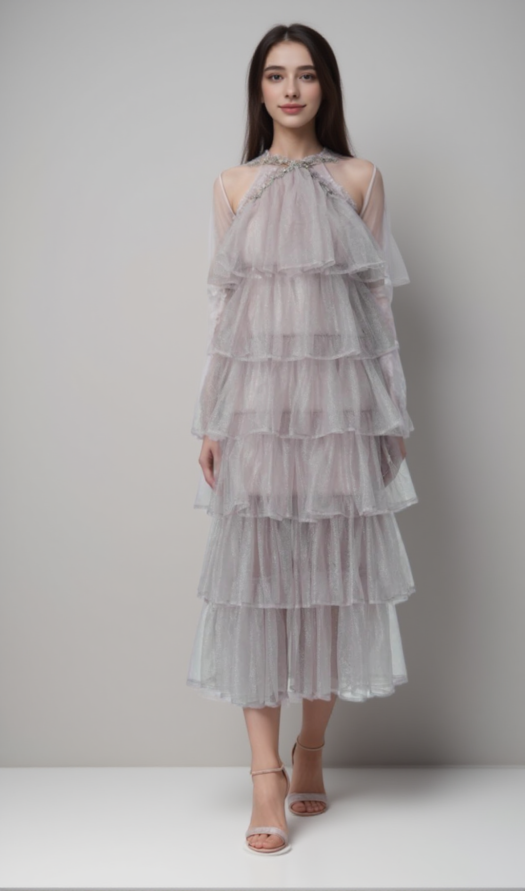 LAYERED RUFFLE HALTER DRESS WITH SPARKLE SHEER FABRIC