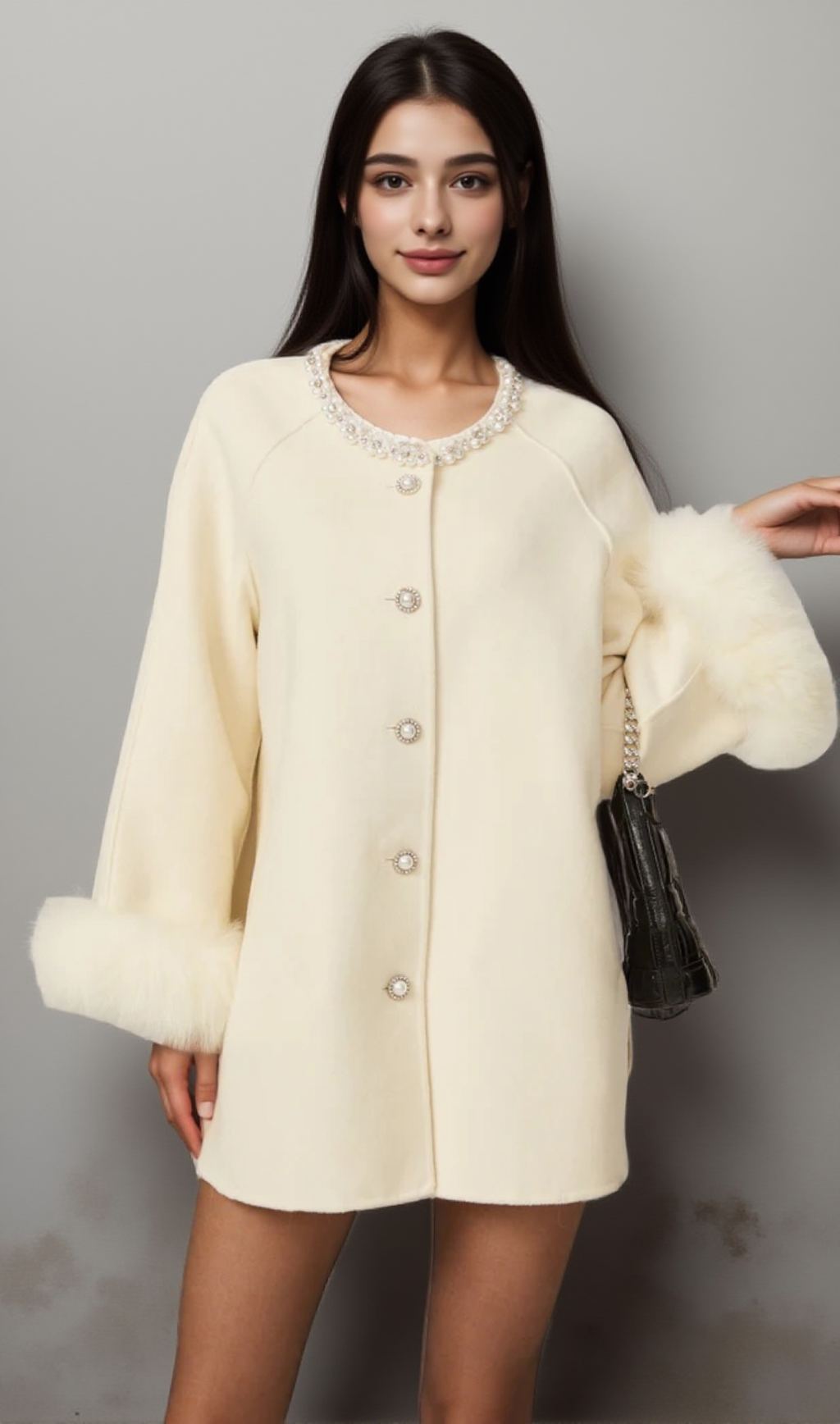 FRÉDÉRIQUE WHITE WOOL FUR EMBELLISHED COAT