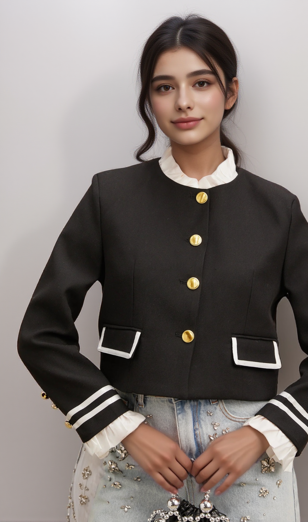 GÉRALDINE BLACK RUFFLED-TRIM JACKET