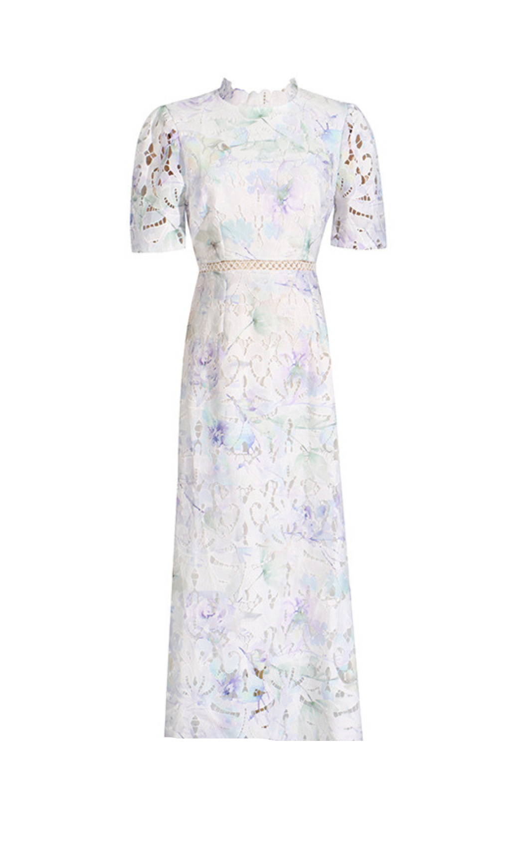 MIDIKLEID MIT SPITZENPUFFÄRMELN UND STEHKRAGEN IN WEISS