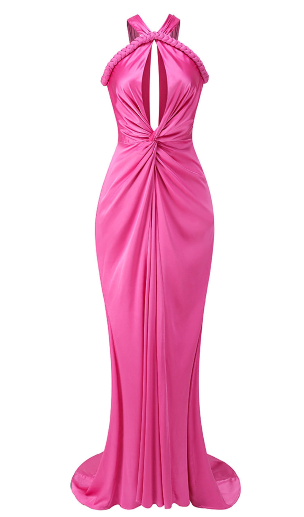 HALTER BRAIDED DRAPED MAXI DRESS HOT PINK