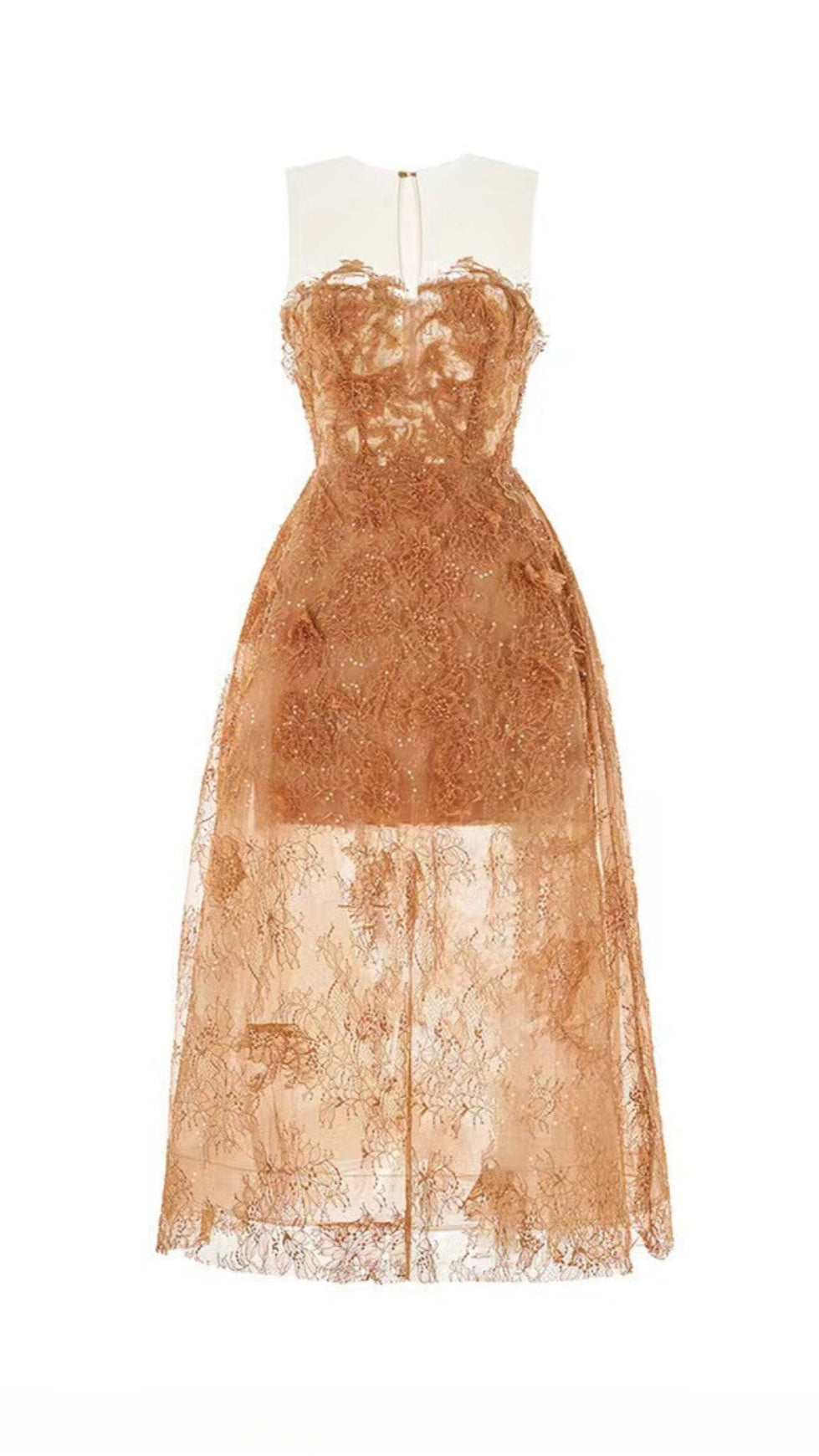 ABITO MIDI CON RICAMI IN PIZZO FLOREALE CARAMELLO