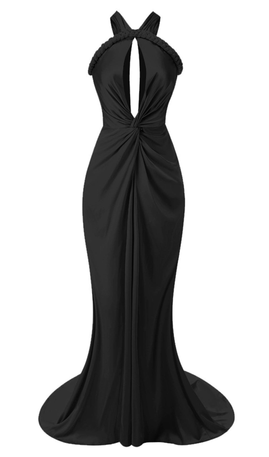 HALTER BRAIDED DRAPED MAXI DRESS BLACK