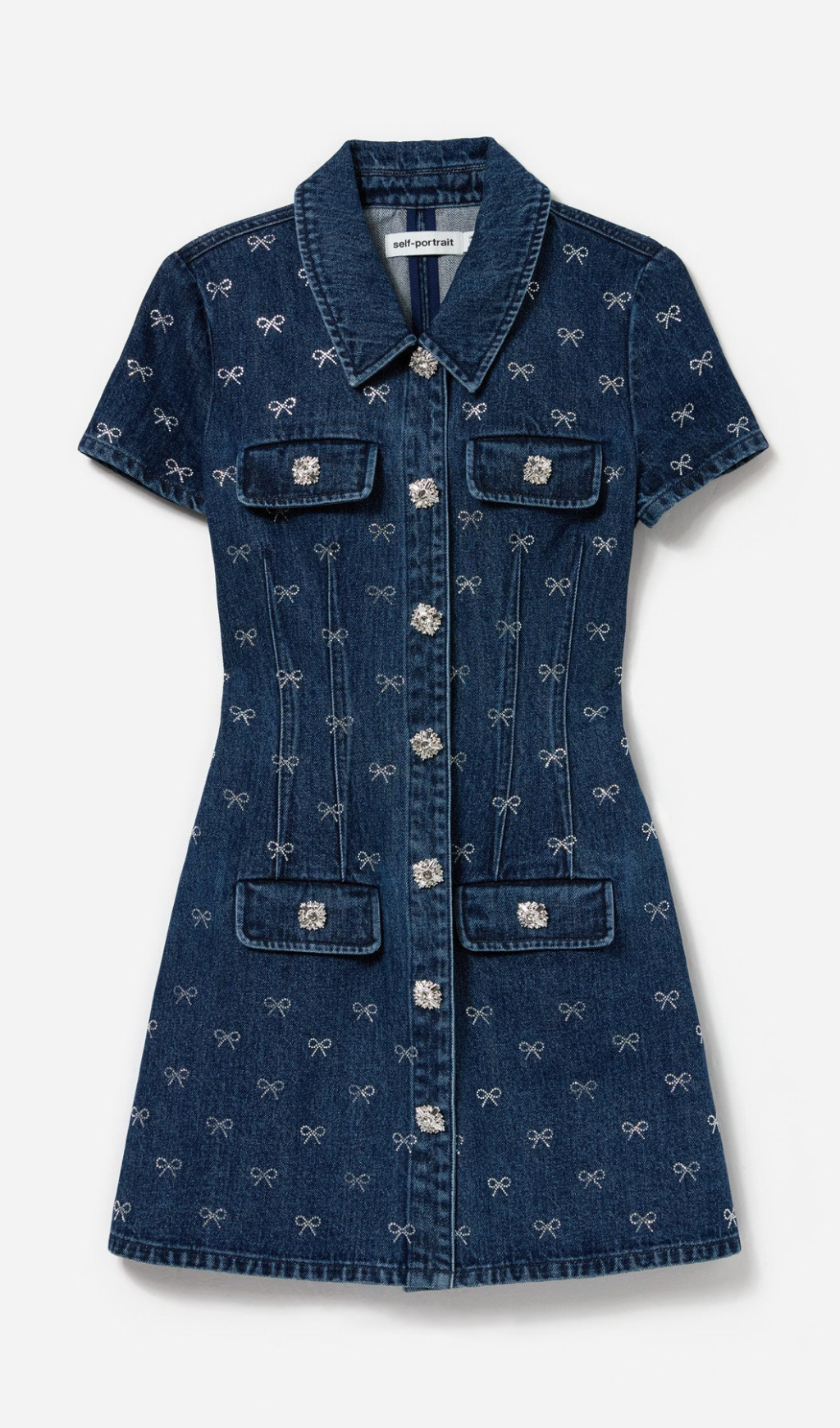 DENIM DIAMANTE BOW COLLARED MINI DRESS