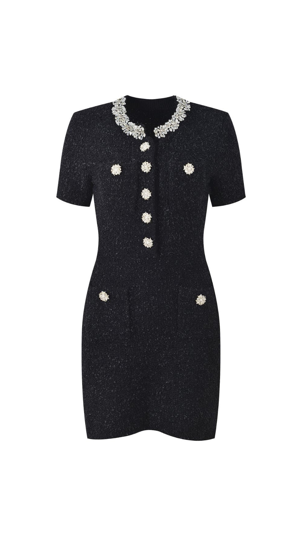 GLAMOROUS BLACK EMBELLISHED TWEED MINI DRESS | CRYSTAL COLLAR PARTY & COCKTAIL DRESS