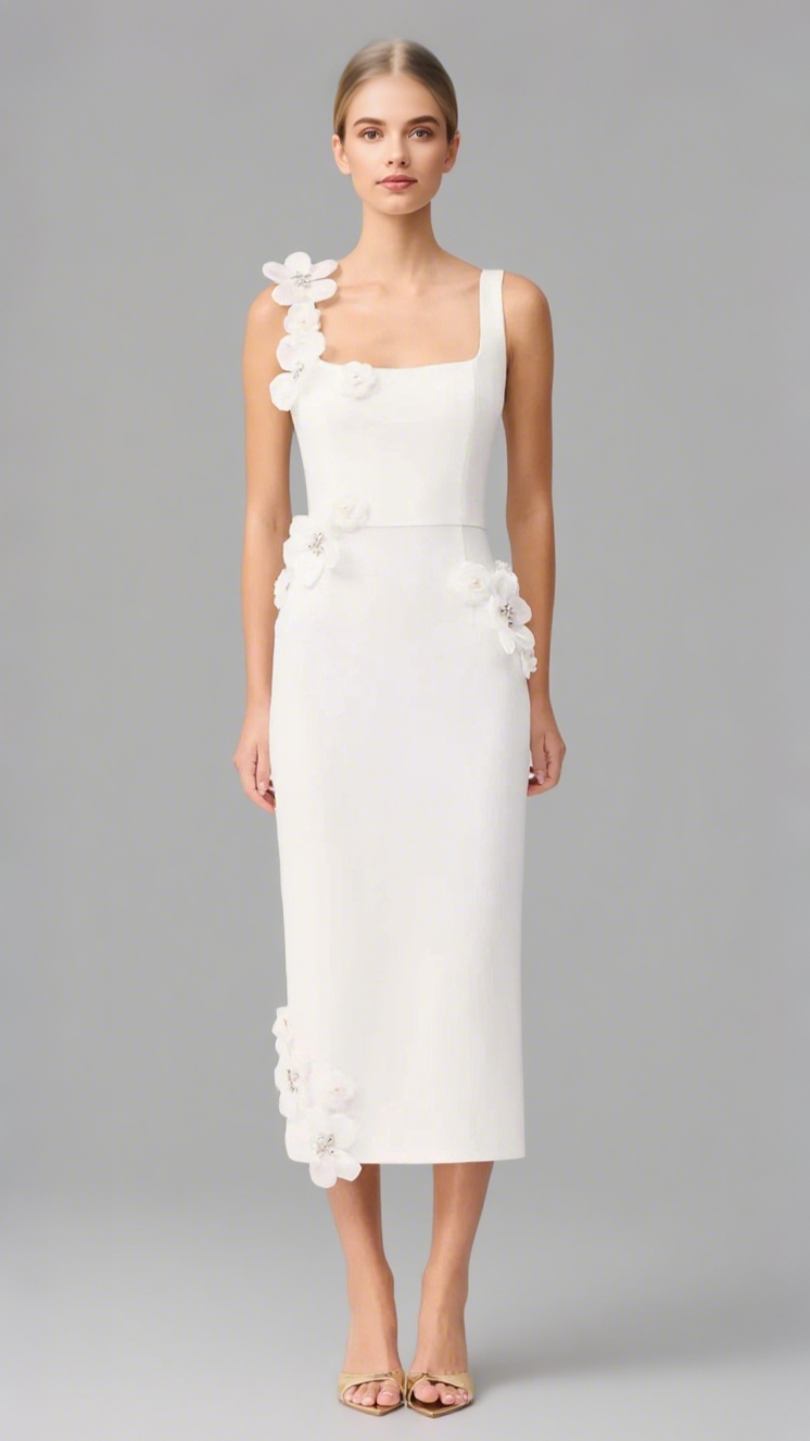 SABRINA 3D FLOWER MIDI DRESS IN WHITE