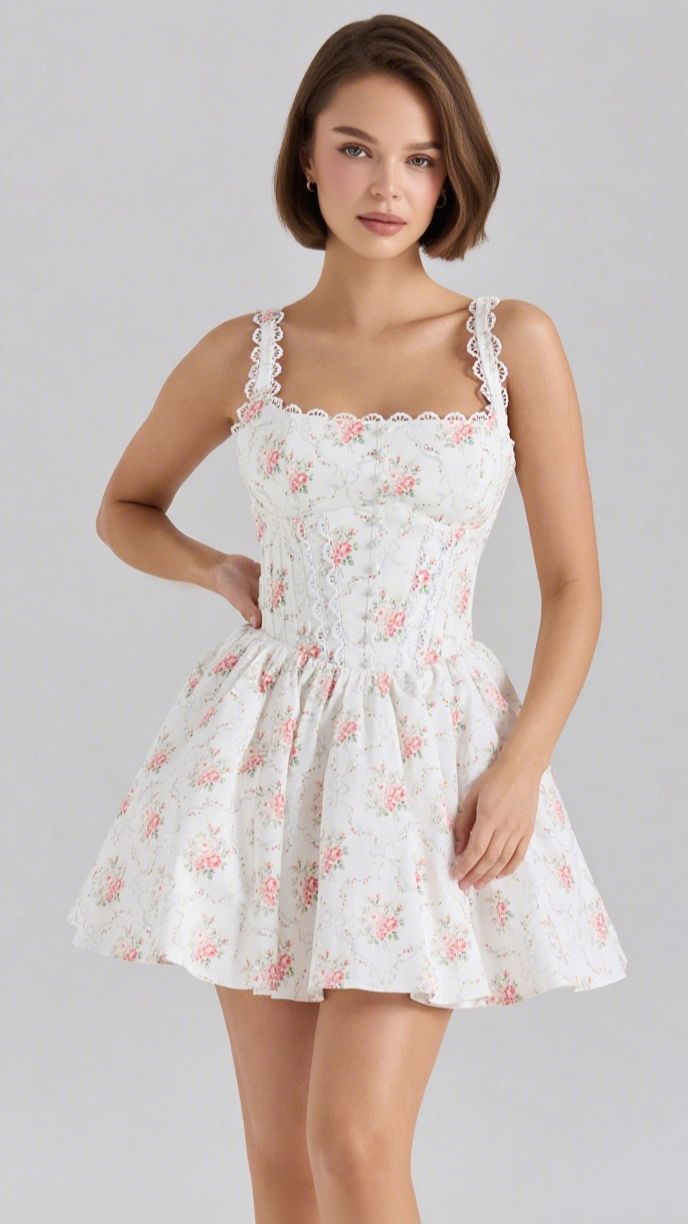 ROSE PRINT STRETCH COTTON LACE STRAP MINI DRESS