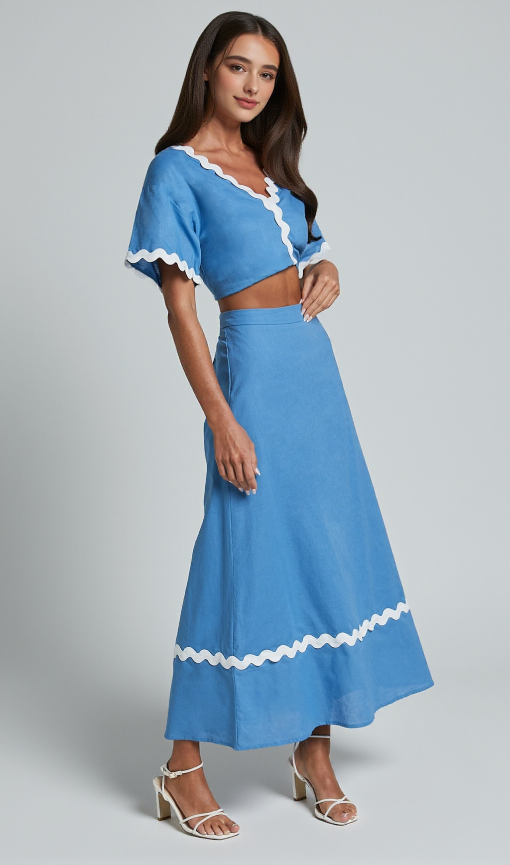 Blythe Zweiteiliges Set - Kurzarm mit Wellensaum A-Linien-Rock-Set in Blau