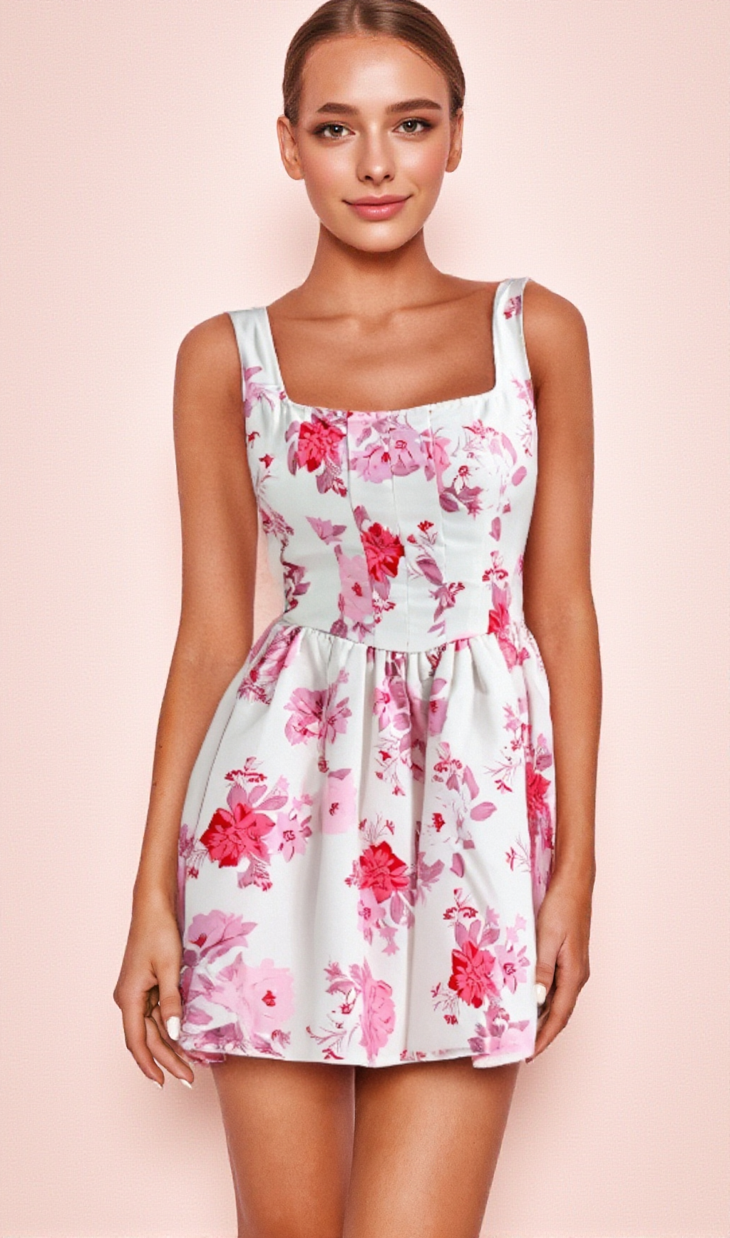 RETALE PINK FLORAL FLARED MINI DRESS
