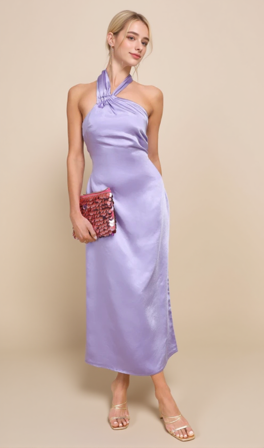 Lavendelfarbenes Neckholder-Midikleid aus Satin