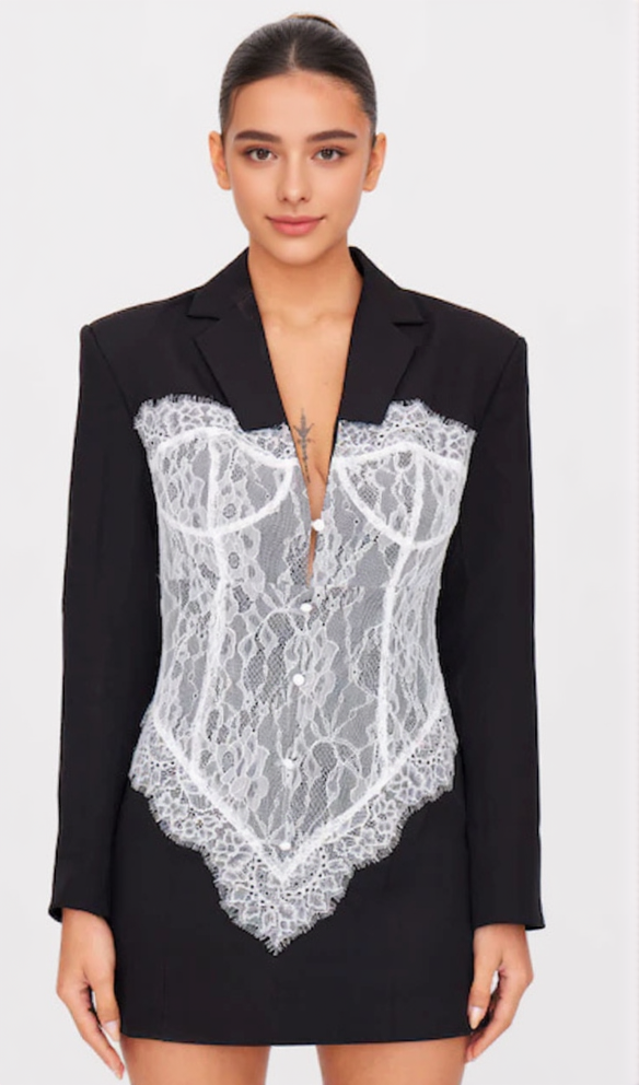 BLAZER CON CORSETTO IN PIZZO ALVERA NERO