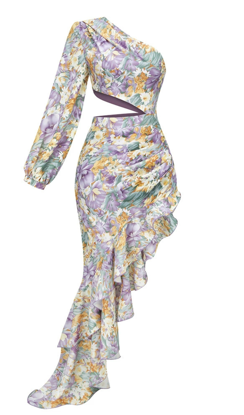 ASYMMETRISCHES MIDIKLEID MIT EINEM ÄRMEL UND RÜSCHEN