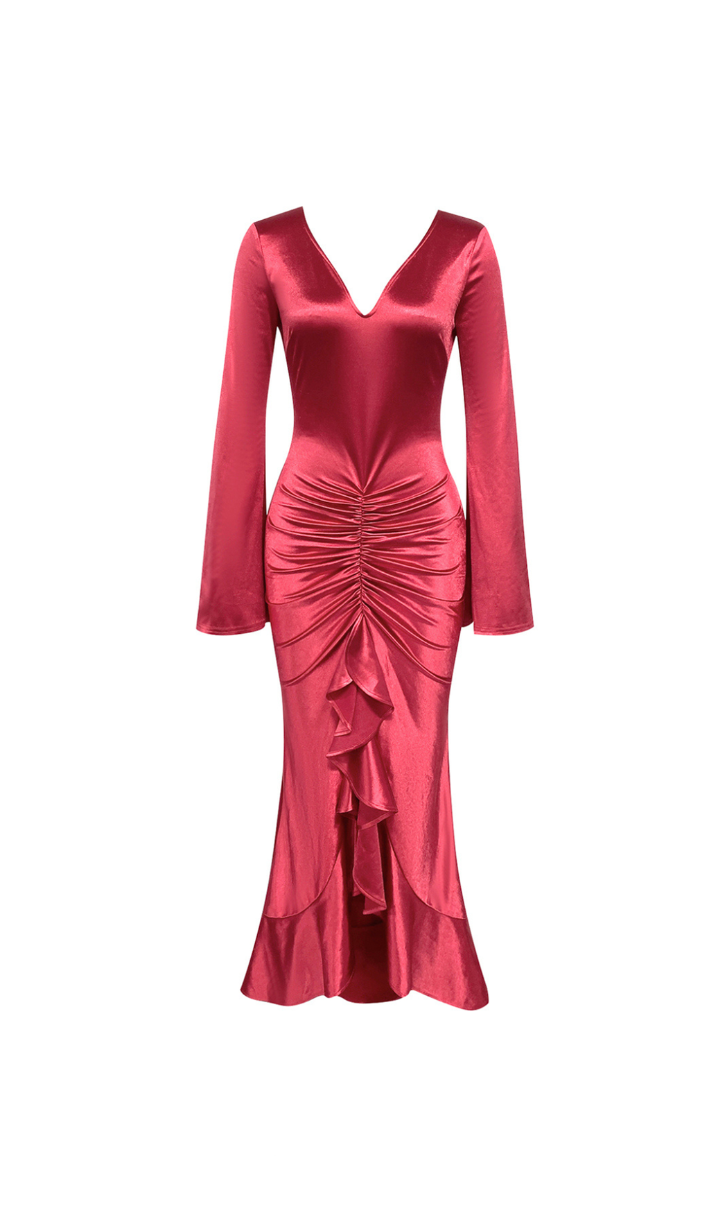 CECILIA – Figurbetontes Maxikleid mit Rüschenbesatz und hohem Schlitz in Rot