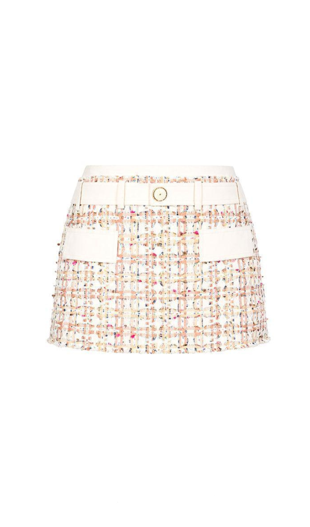 Carlin – Patchwork-Minirock aus Tweed in Rosa