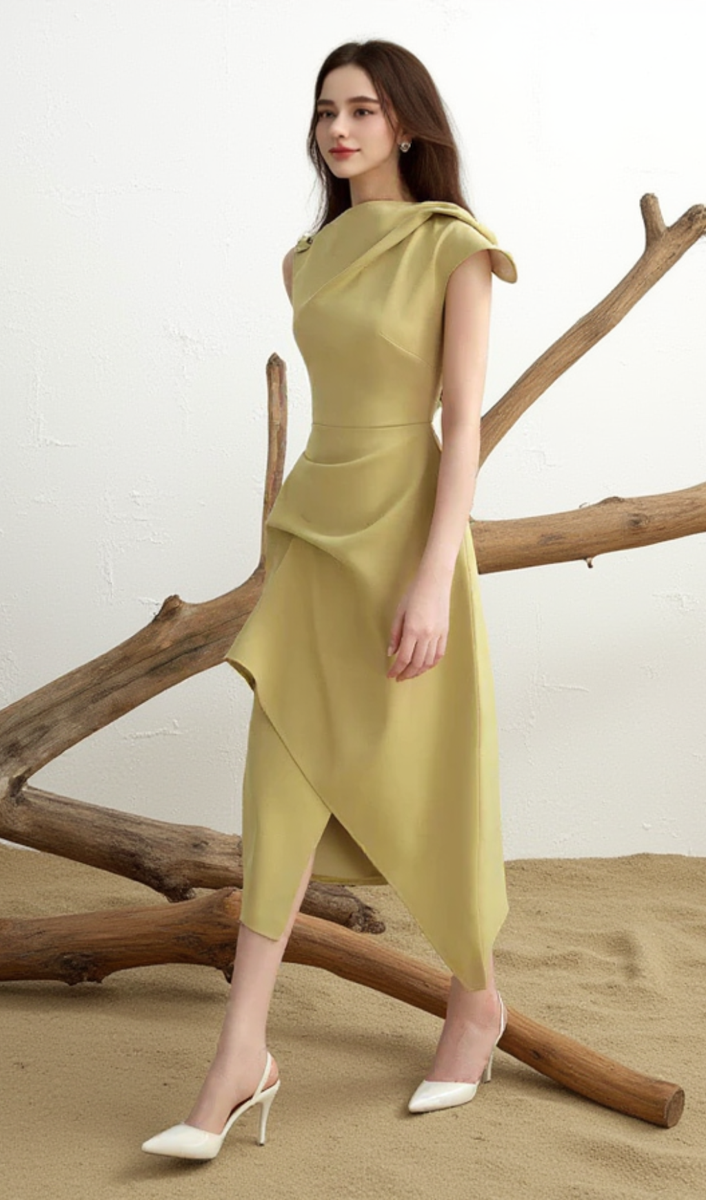 CALLA YELLOW ASYMMETRIC FRONT SLIT TWILL MIDI DRESS