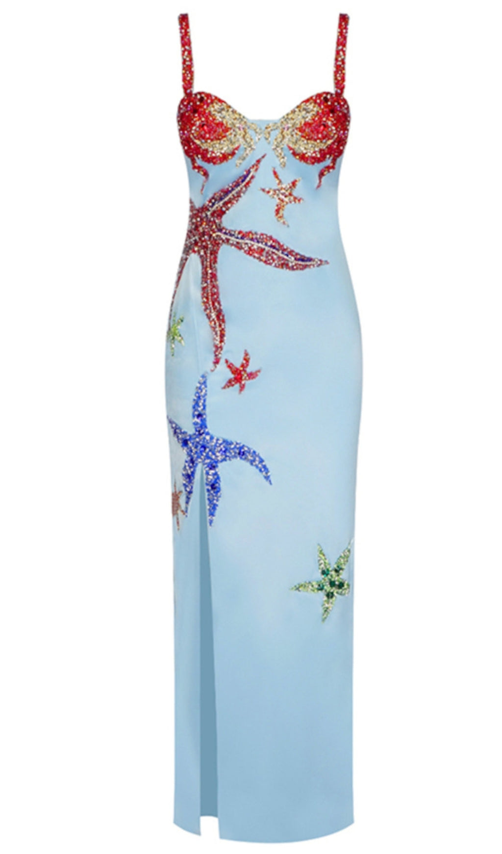 ABITO LUNGO BUSTIER CON DETTAGLIO STELLA MARINA E CRISTALLI BLU