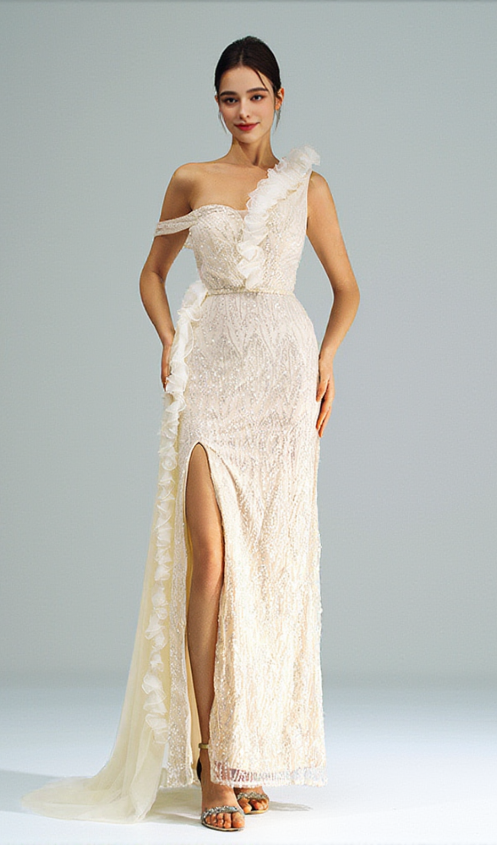 SPAGHETTI STRAP APPLIQUED FLORAL SPLIT MAXI DRESS