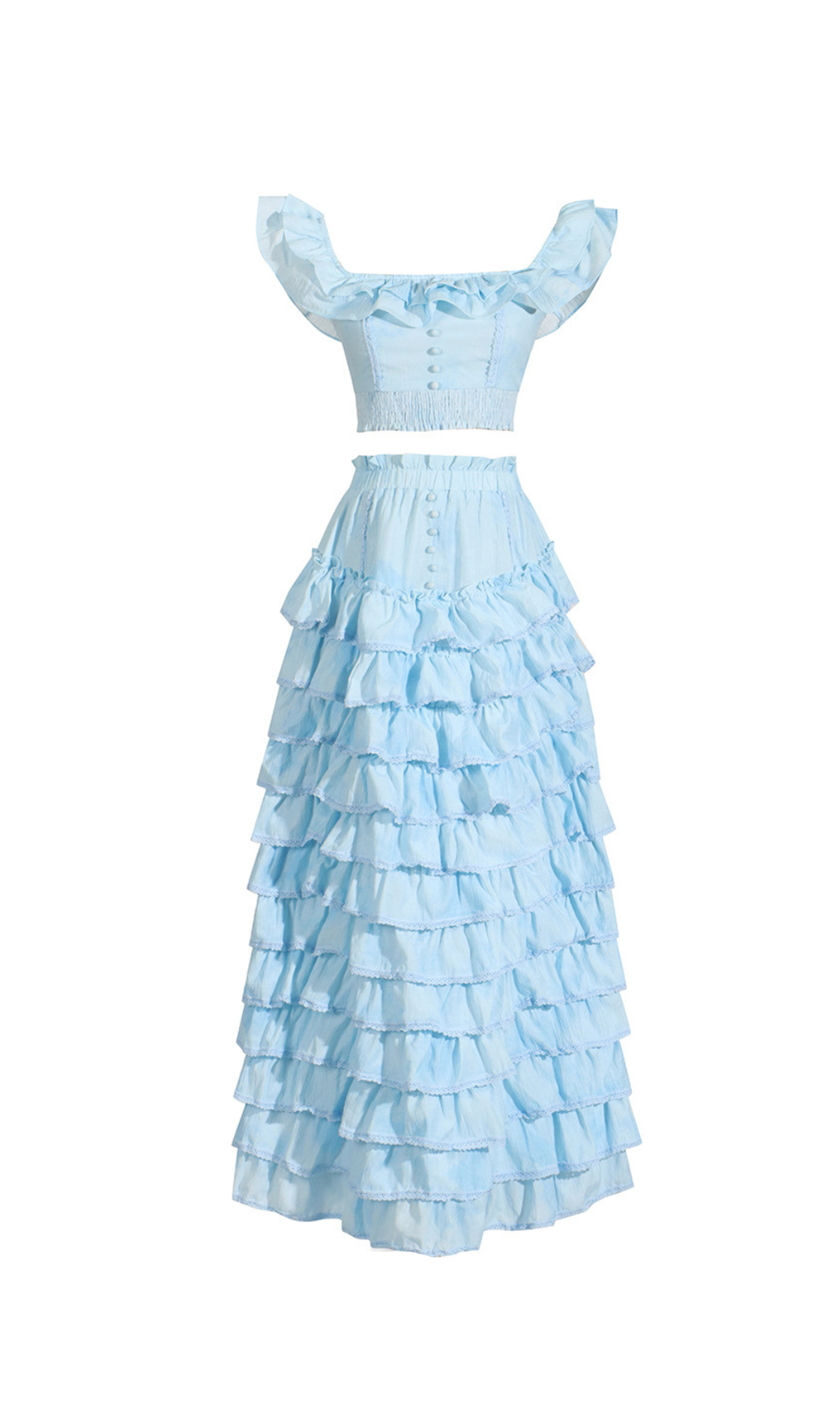 CATHY MEHRLAGIGER MAXIKLEID-ANZUG MIT RÜSCHEN IN BLAU