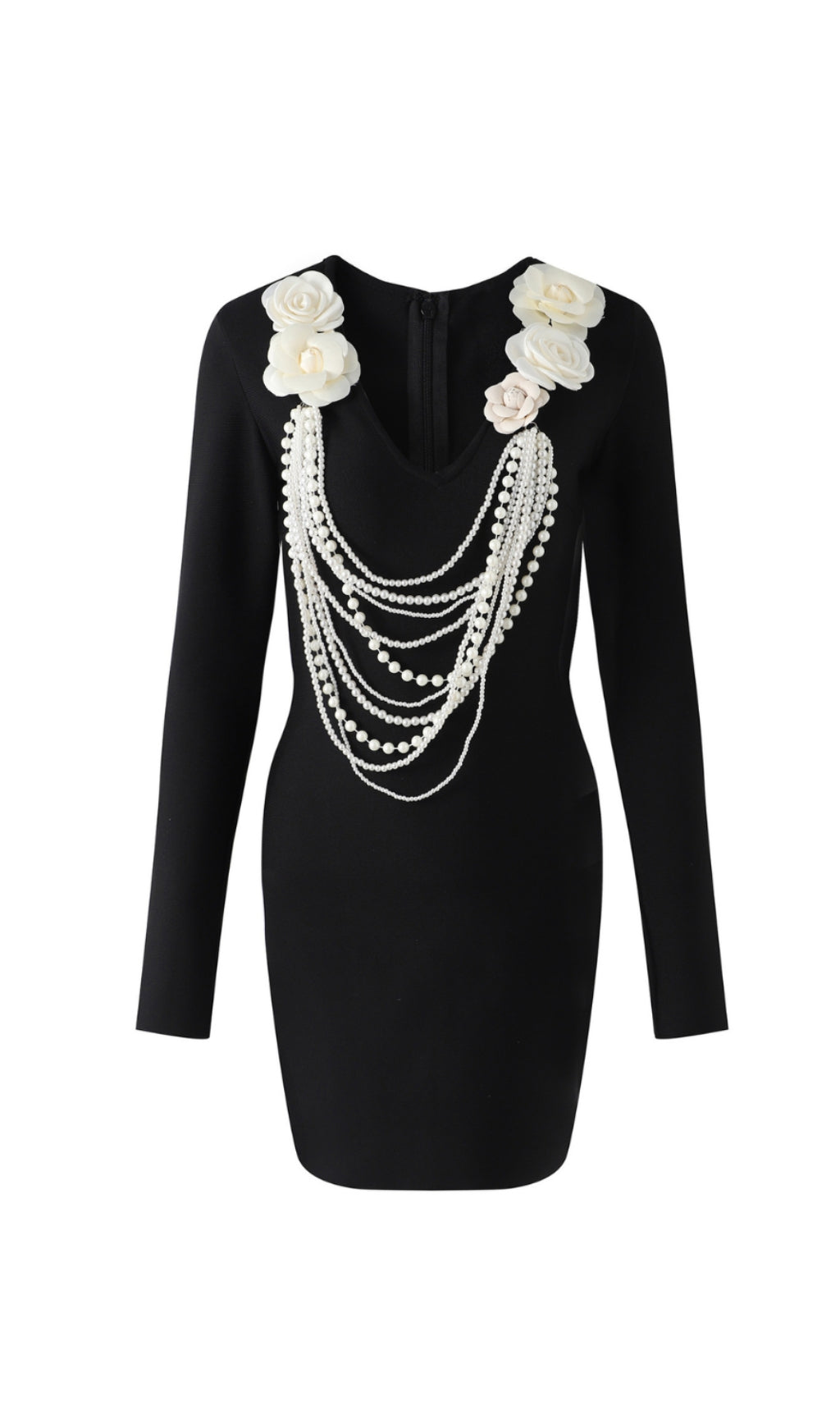 ALISA PEARL FLOWER EMBELLISHED BANDAGE MINI DRESS IN BLACK