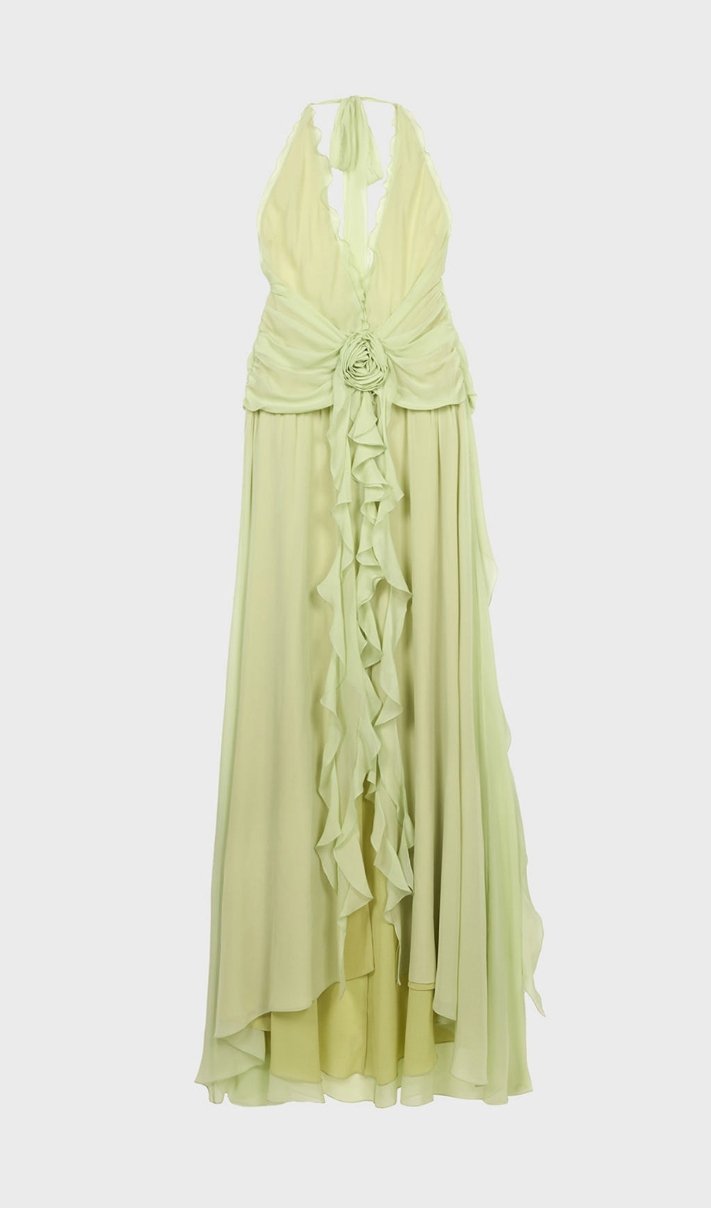 Aonaver – Neckholder-Maxikleid mit Blumenmuster und Rüschen in Grün