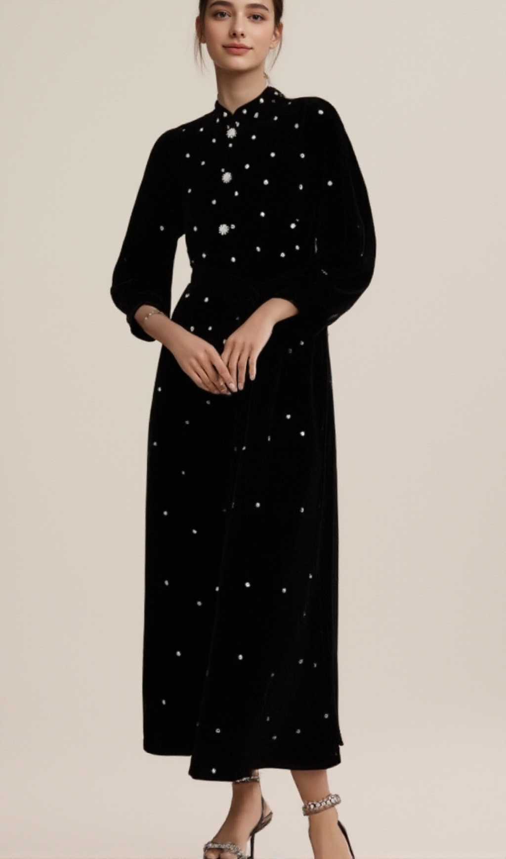 LOLA BLACK EMBELLISHED VELVET MIDI DRESS