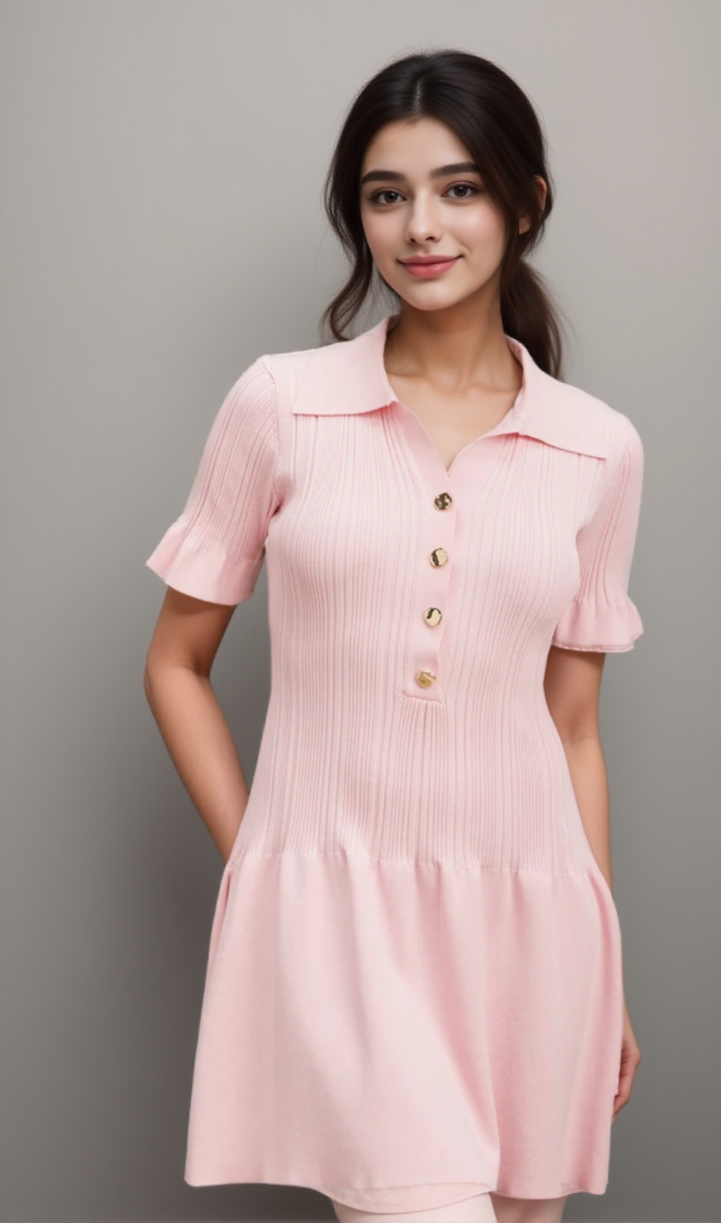 NOLWENN PINK FLARED FINE-KNIT MINI DRESS