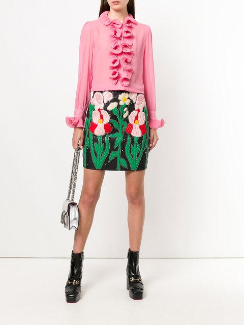 Blusa in georgette di seta trasparente con volant, colore rosa
