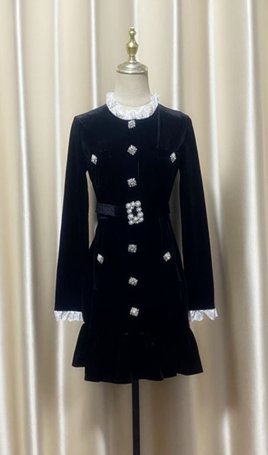 HIRAANI BLACK VELVET GLAM MINI DRESS | LUXE RUFFLE LACE & CRYSTAL EMBELLISHMENTS