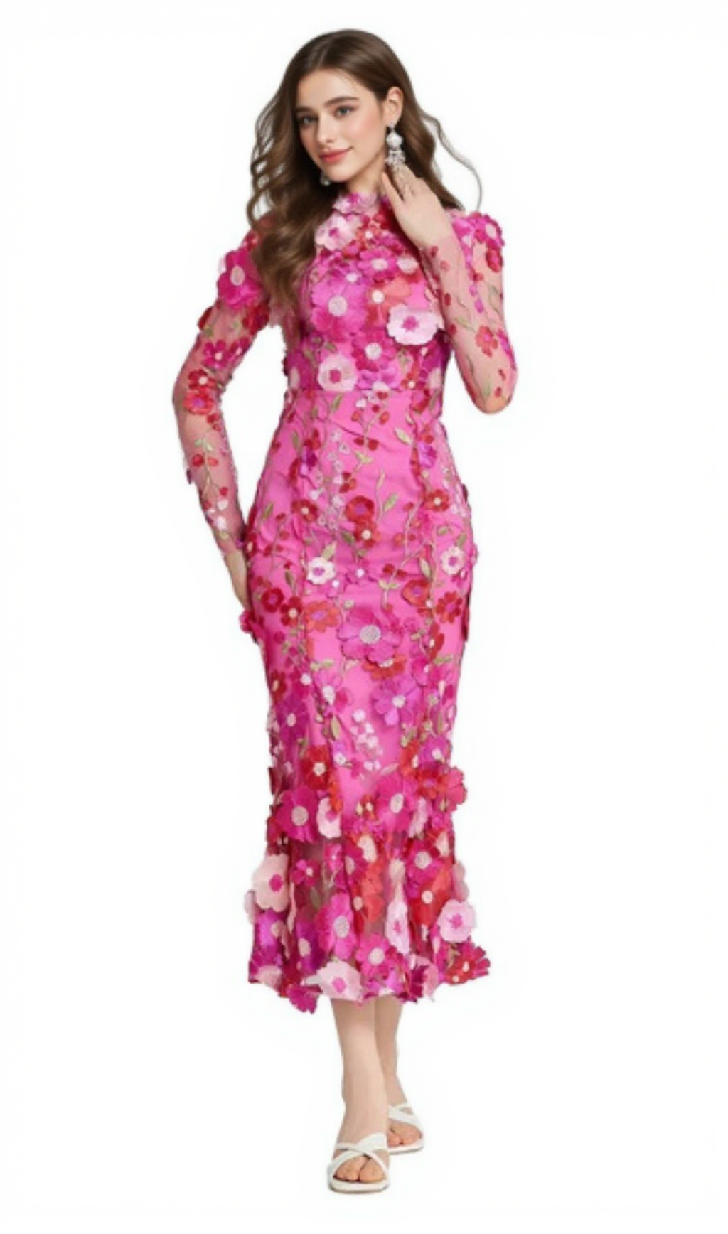 CAROL ROSE – Rotes, langärmliges Midikleid aus Netzstoff mit Blumenstickerei