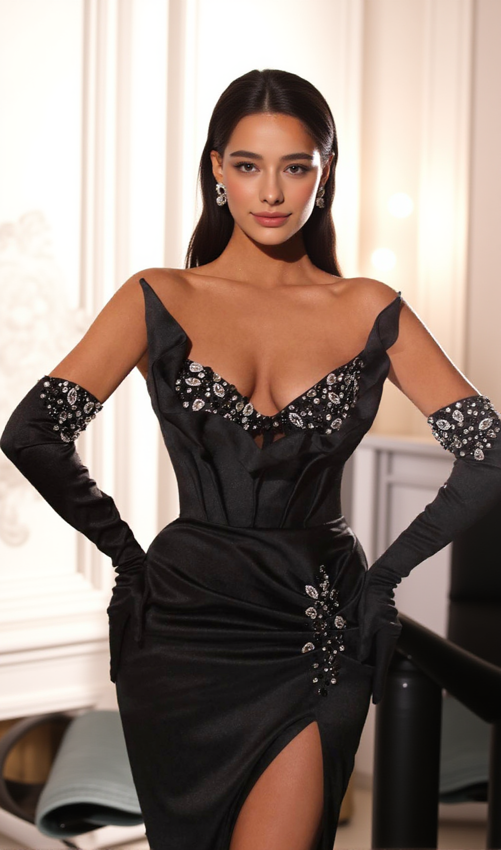 STRAPLESS CRYSTAL BUSTIER MAXI DRESS BLACK