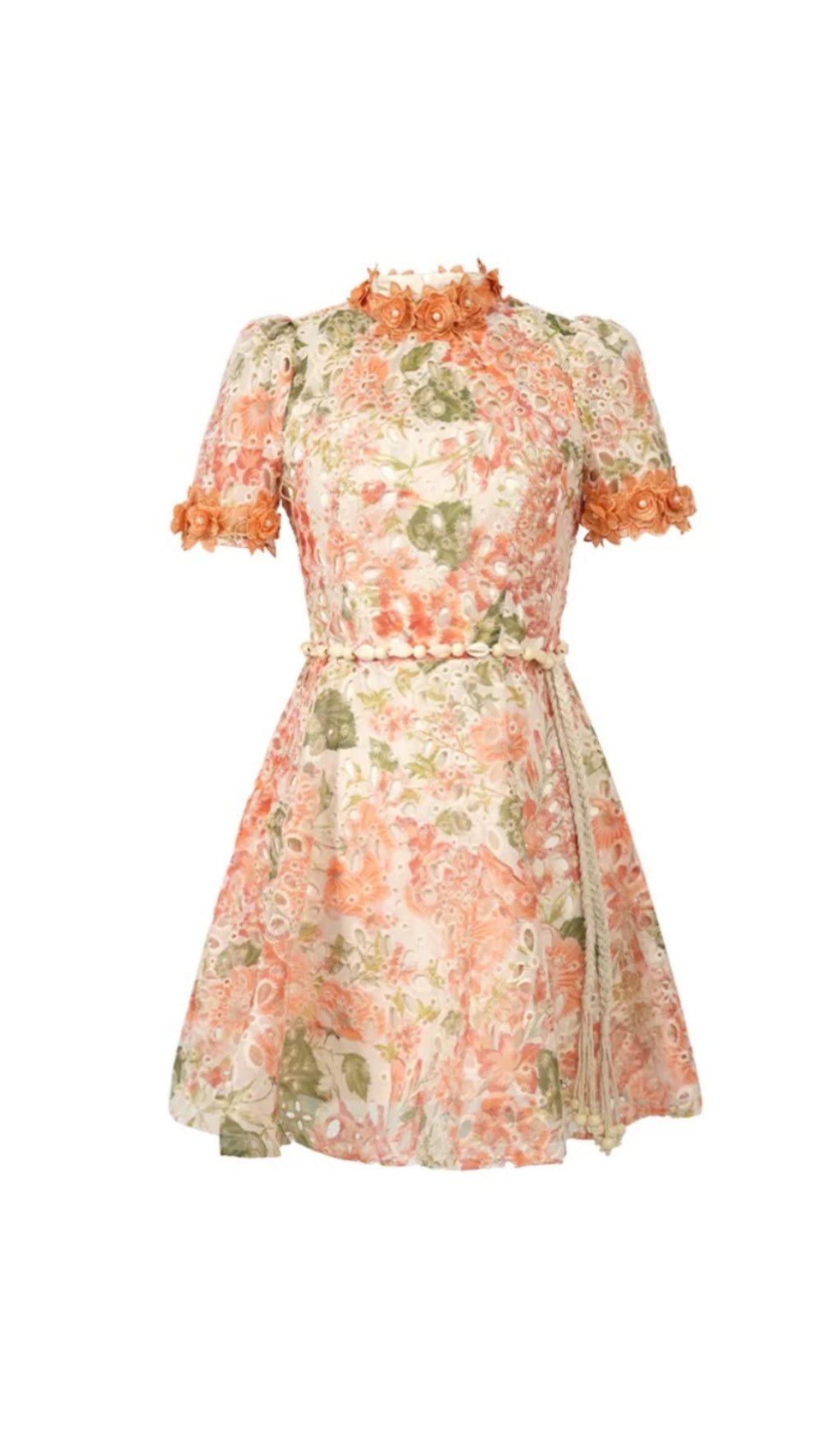 Minikleid mit bestickten, hohlen Blumenmustern und Puffärmeln