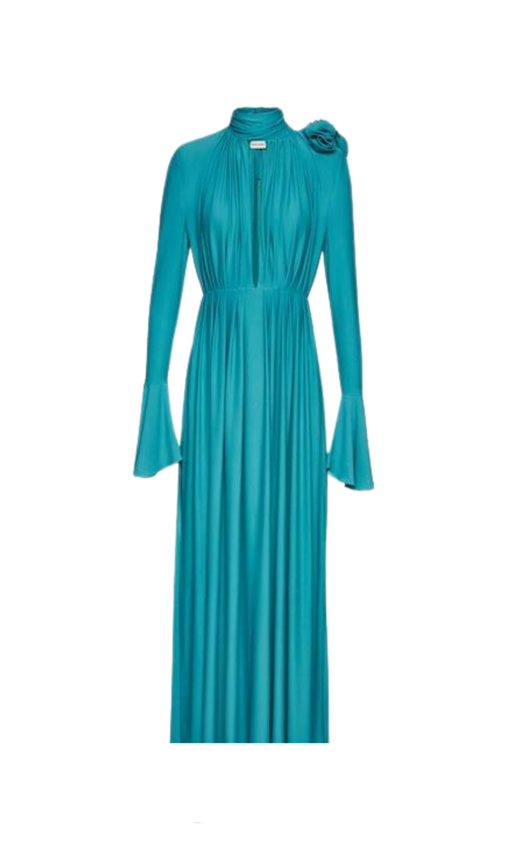 ERIN LANTERN SLEEVE HIGH COLLAR FLOWER SLIT MIDI DRESS IN BLUE