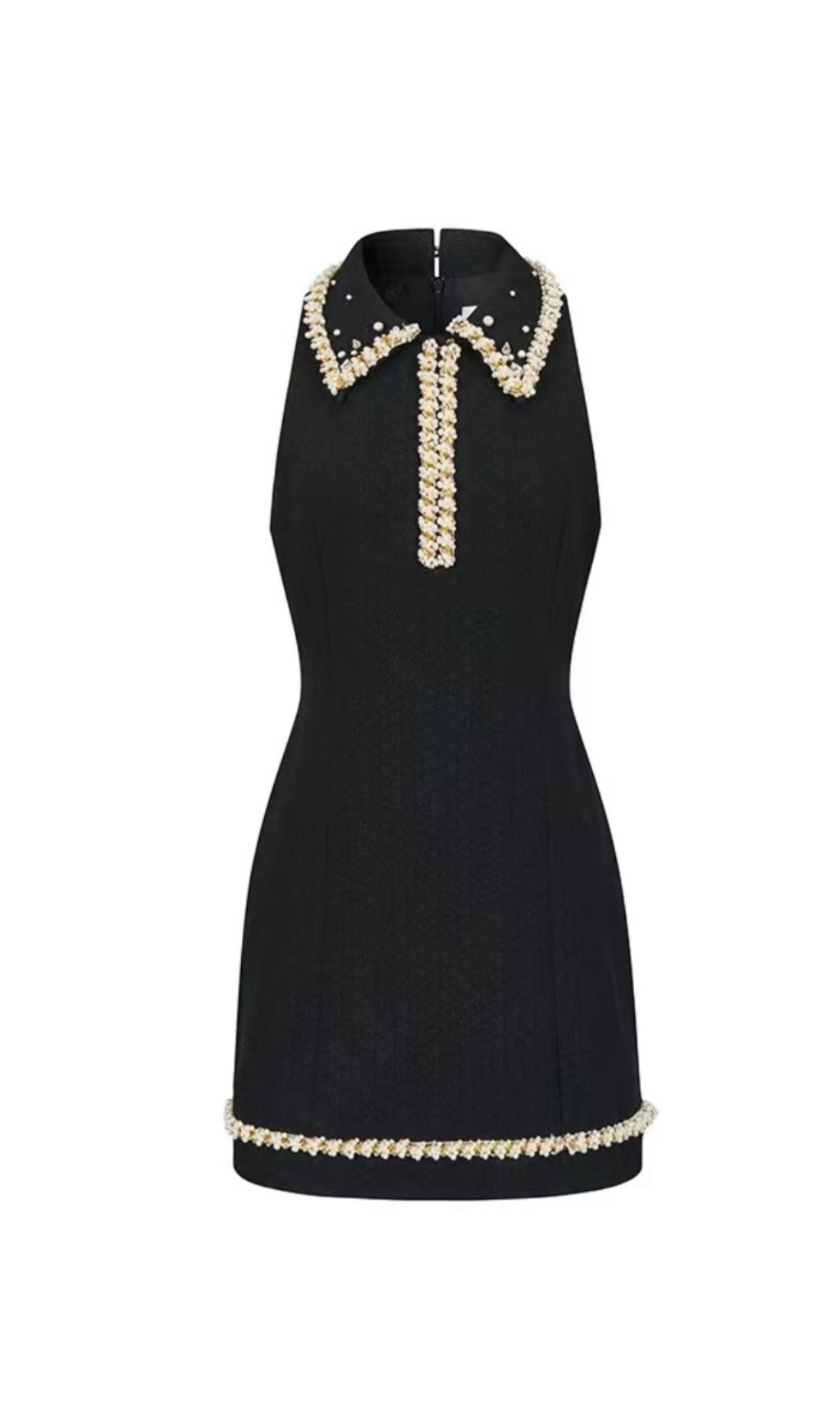PEARL EMBELLISHED GOLD CHAIN SPLICE MINI DRESS IN BLACK