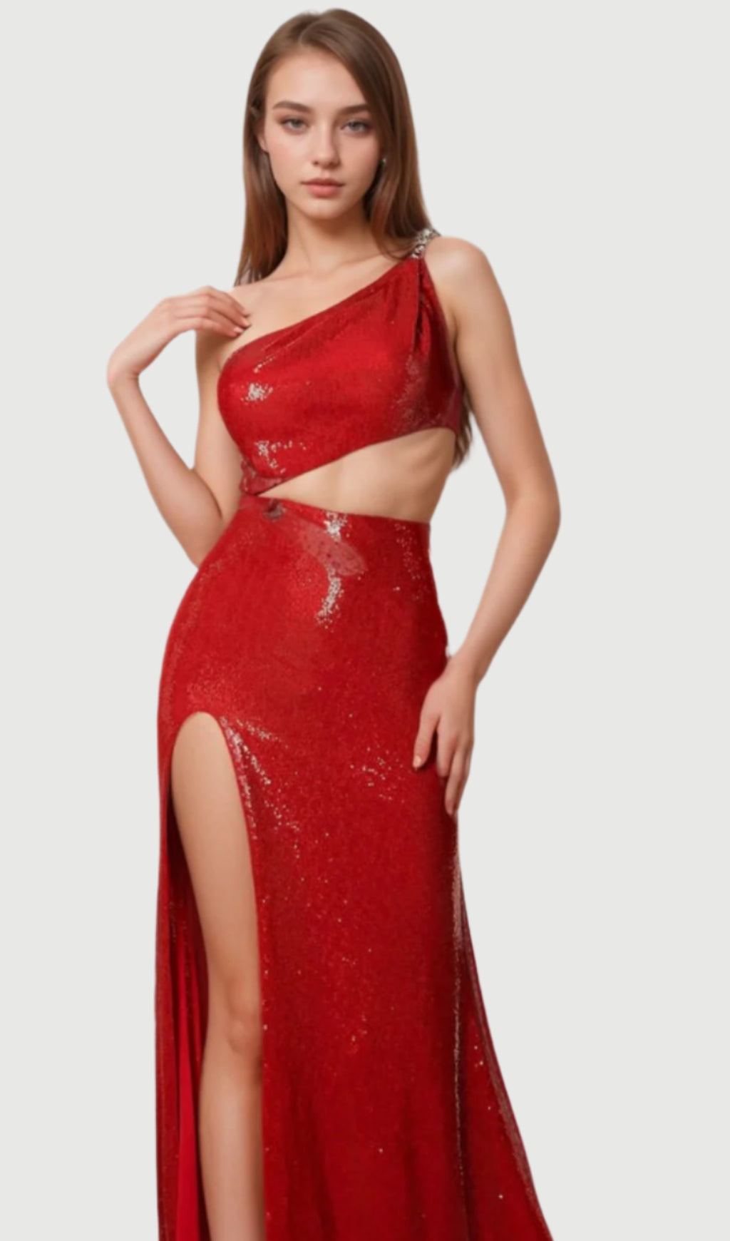 ALTHEA MANIDIS ONE-SHOULDER SEQUIN GLITTER HIGH SLIT MERMAID DRESS