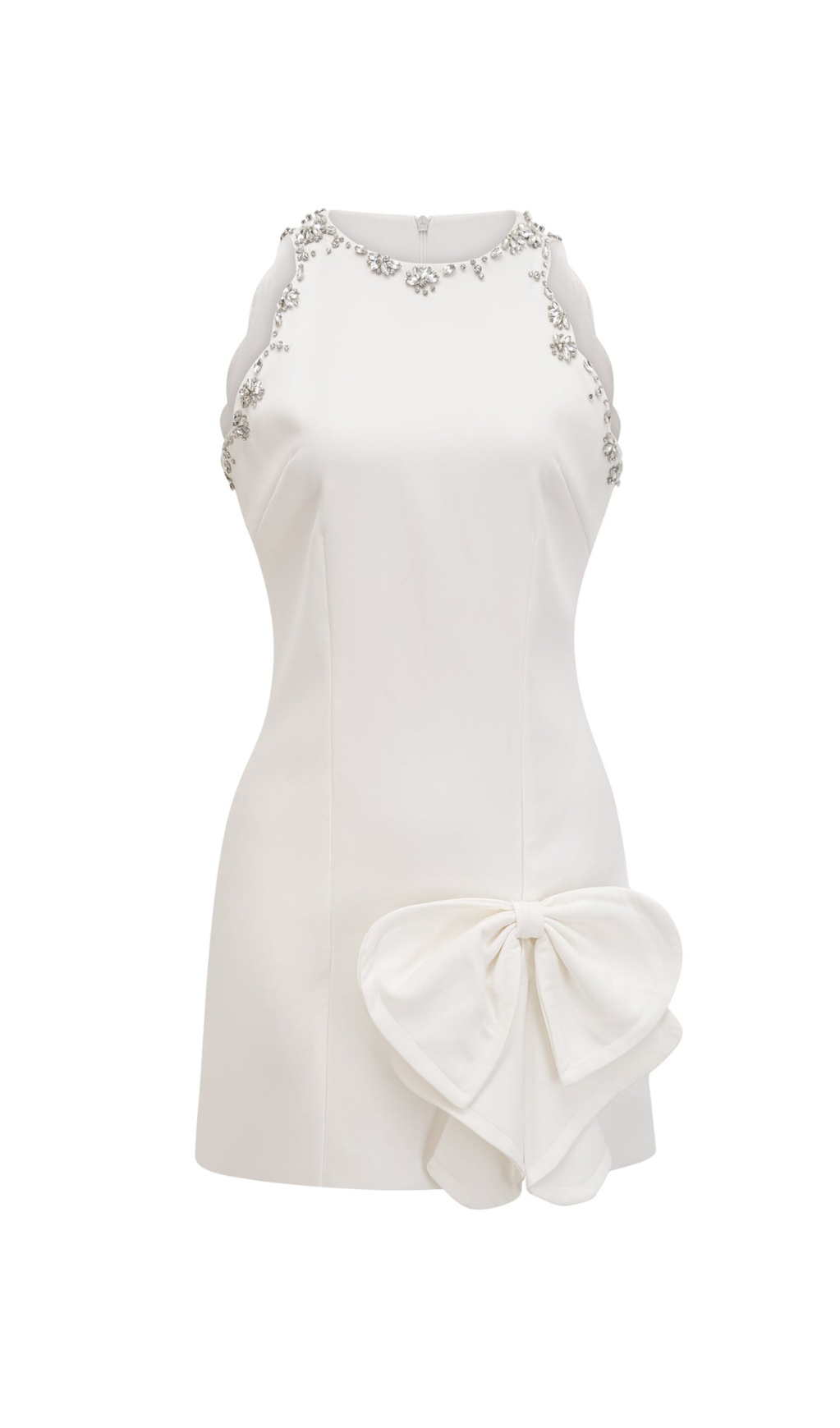 CRYSTAL BOW-DETAIL MINI DRESS IN WHITE