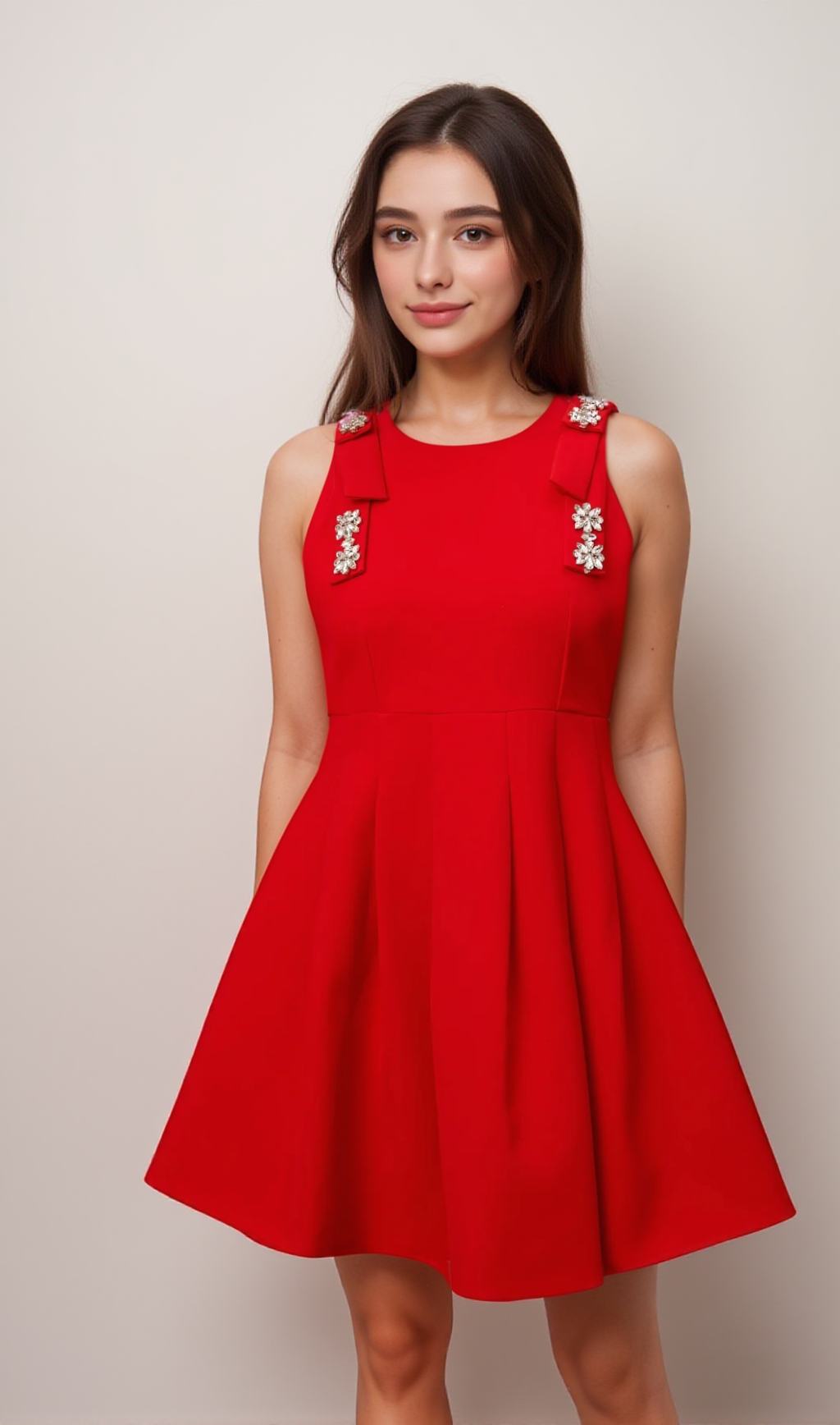 LOUISA RED BOW SLEEVELESS PLEATED MINI DRESS