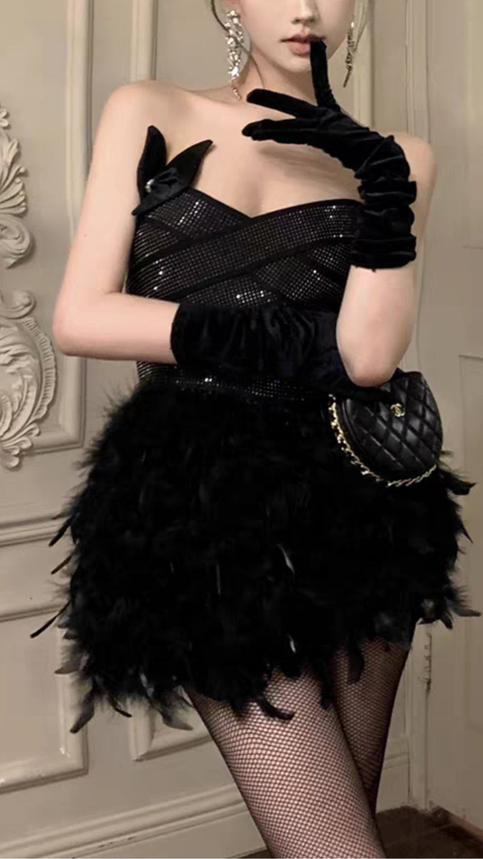 RHINESTONE FEATHER STRAPLESS MINI DRESS IN BLACK