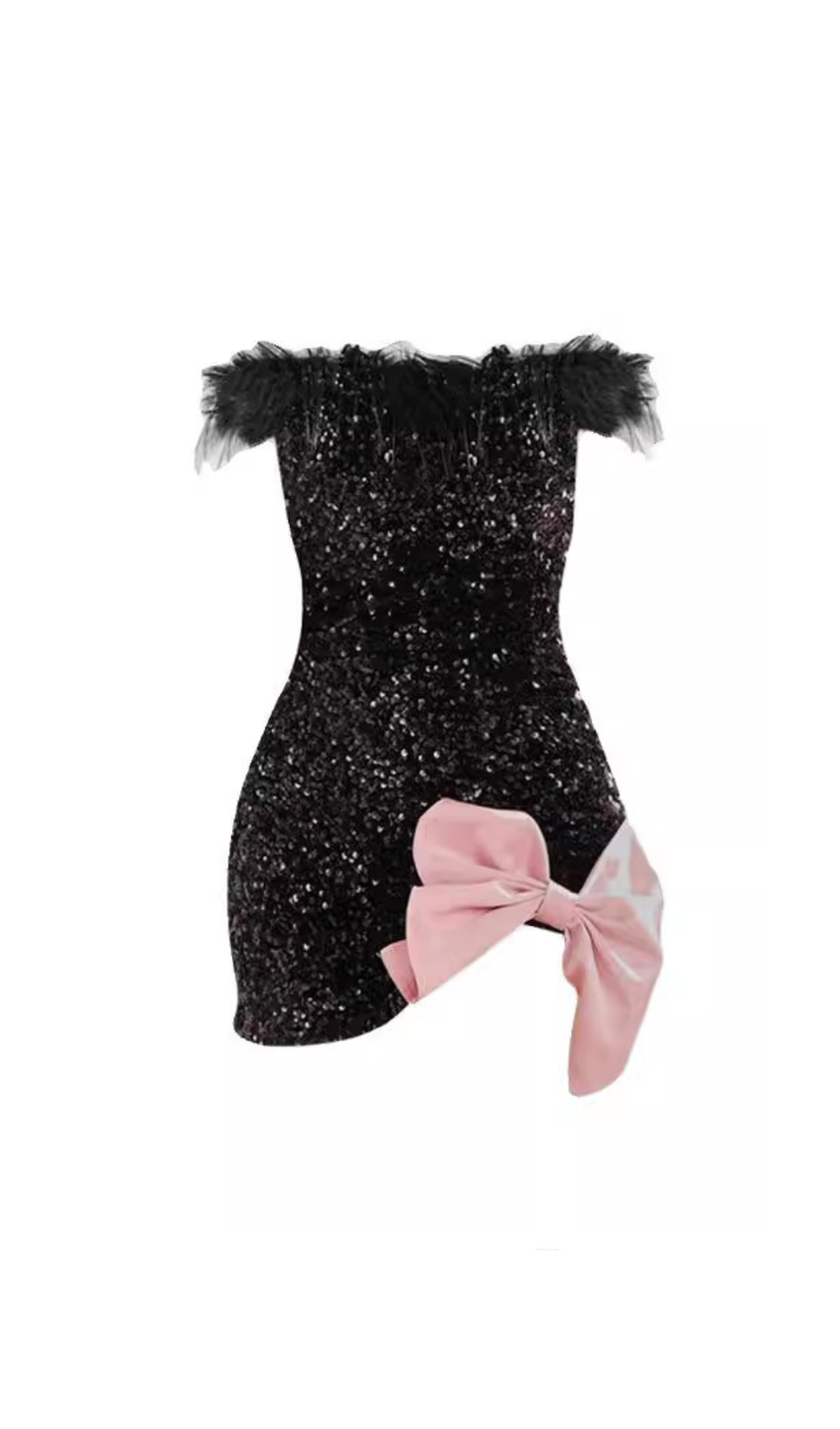 BOW-EMBELLISHED SEQUINED MINI DRESS IN BLACK